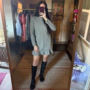 Zara Houndstooth Long Sleeve Ruffle Hem Dress